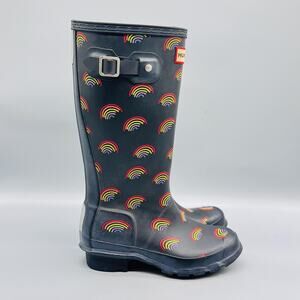 Hunter Boots Kids Girls 1 Black Rainbow Print Tall Wellington Buckle Rain Shoes